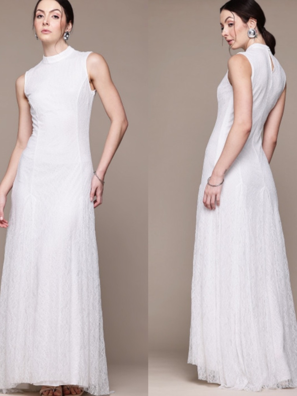 NEW MNG Mango WHITE Floral LACE Pleated HIGH NECK Maxi Dress GOWN US 6